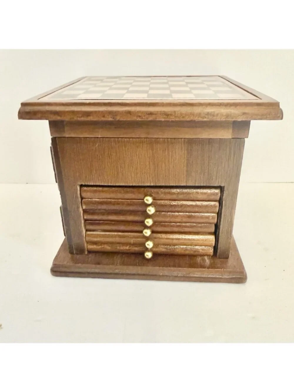 Vintage Enesco Wood Mini Game Cabinet Chess Checkers Darts Coasters Tabletop